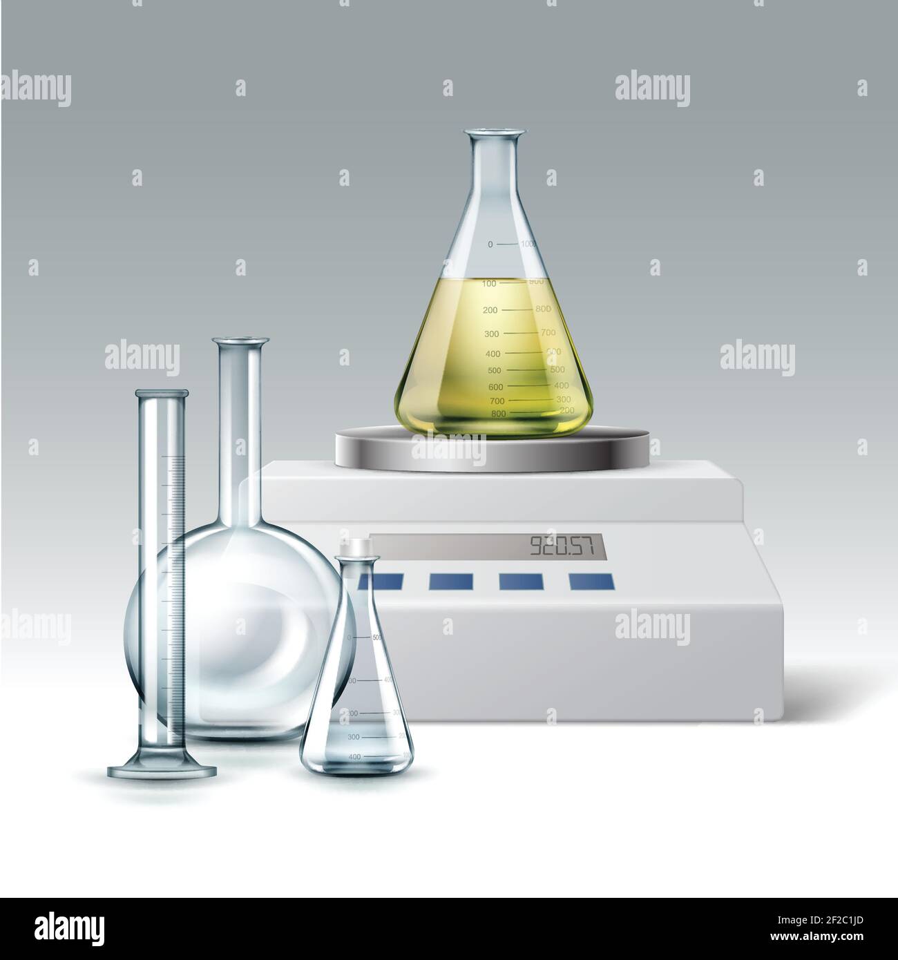 Ensemble vectoriel de tubes à essai de laboratoire de produits chimiques en verre transparent, vides et pleins de flacons liquides jaunes avec balance électronique isolée sur fond Illustration de Vecteur