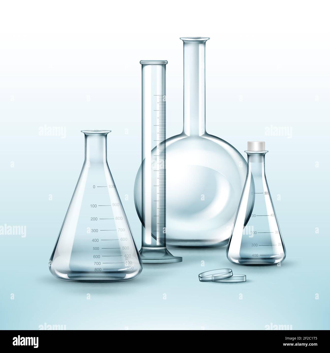 Ensemble vectoriel de flacons de laboratoire de produits chimiques en verre transparent, tube à essai isolé en arrière-plan Illustration de Vecteur