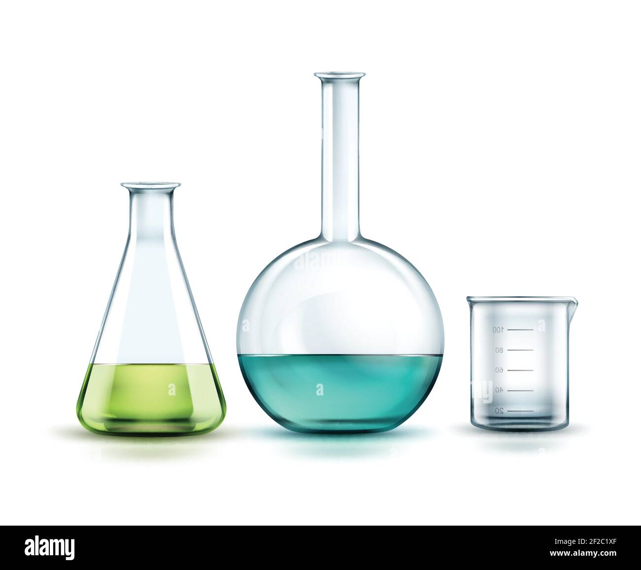 Flacons de produits chimiques en verre transparent Vector remplis de liquide vert, bleu et bécher vide isolés sur fond Illustration de Vecteur