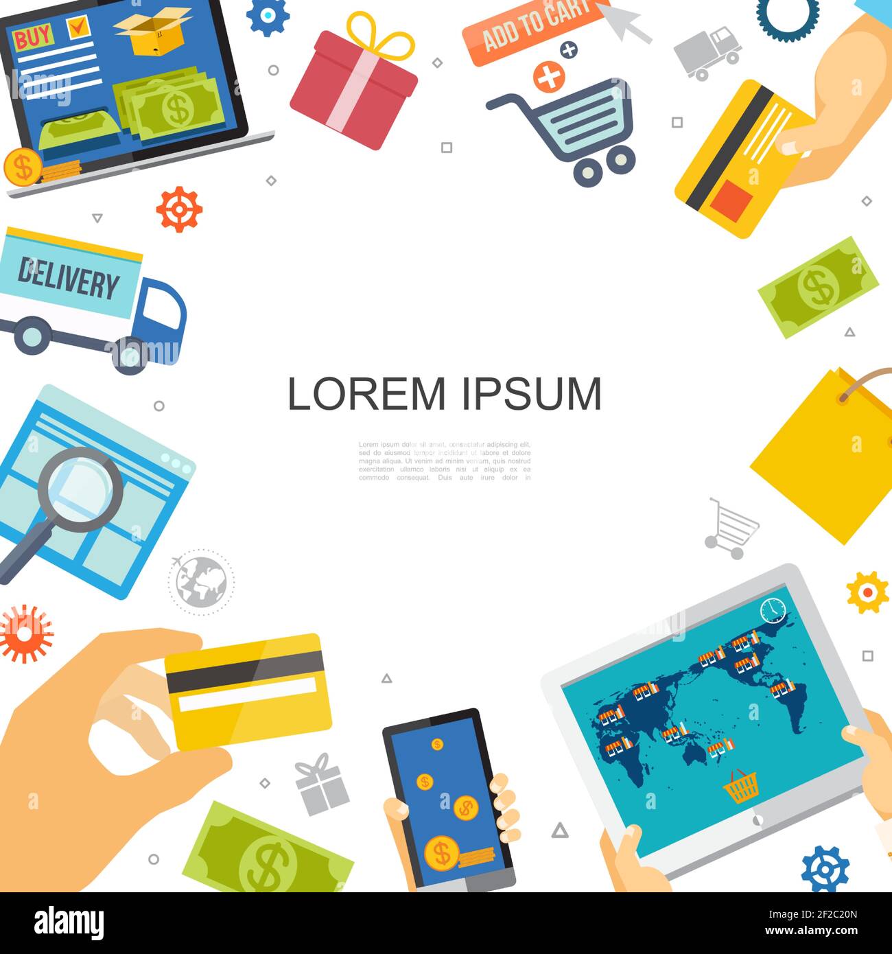Modèle de commerce électronique plat coloré avec mains tenant le paiement mobile de tablette cartes livraison camion sac panier boîte-cadeau billets en dollars vecteur illustration Illustration de Vecteur