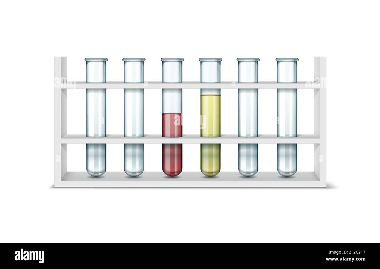 Ensemble vectoriel de tubes à essai en verre transparent de laboratoire avec liquide rouge et jaune isolé sur fond blanc Illustration de Vecteur