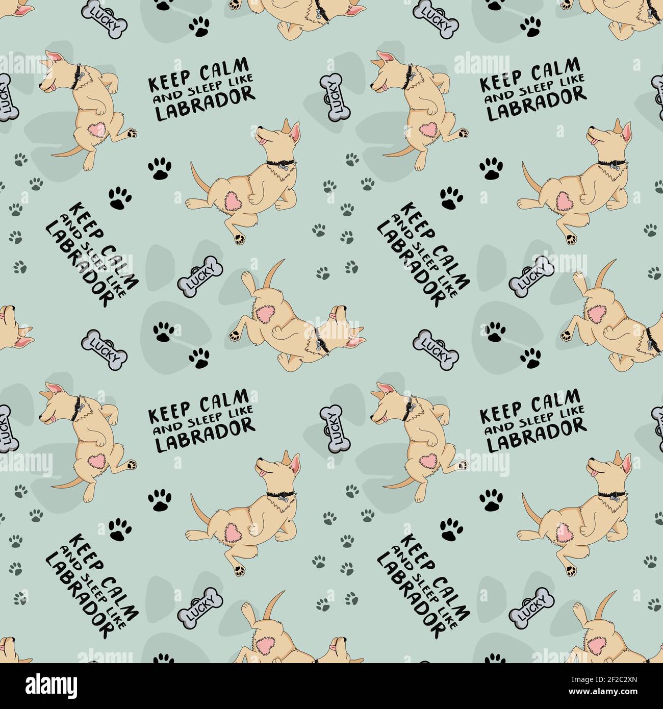 Illustration vectorielle d'un mignon chiot endormi. Motif sans couture avec de jolis chiens de dessin animé et des pattes d'oie en arrière-plan. Restez calme et dormez comme au labrador. Parfait pour l'emballage, l'arrière-plan et le textile Illustration de Vecteur