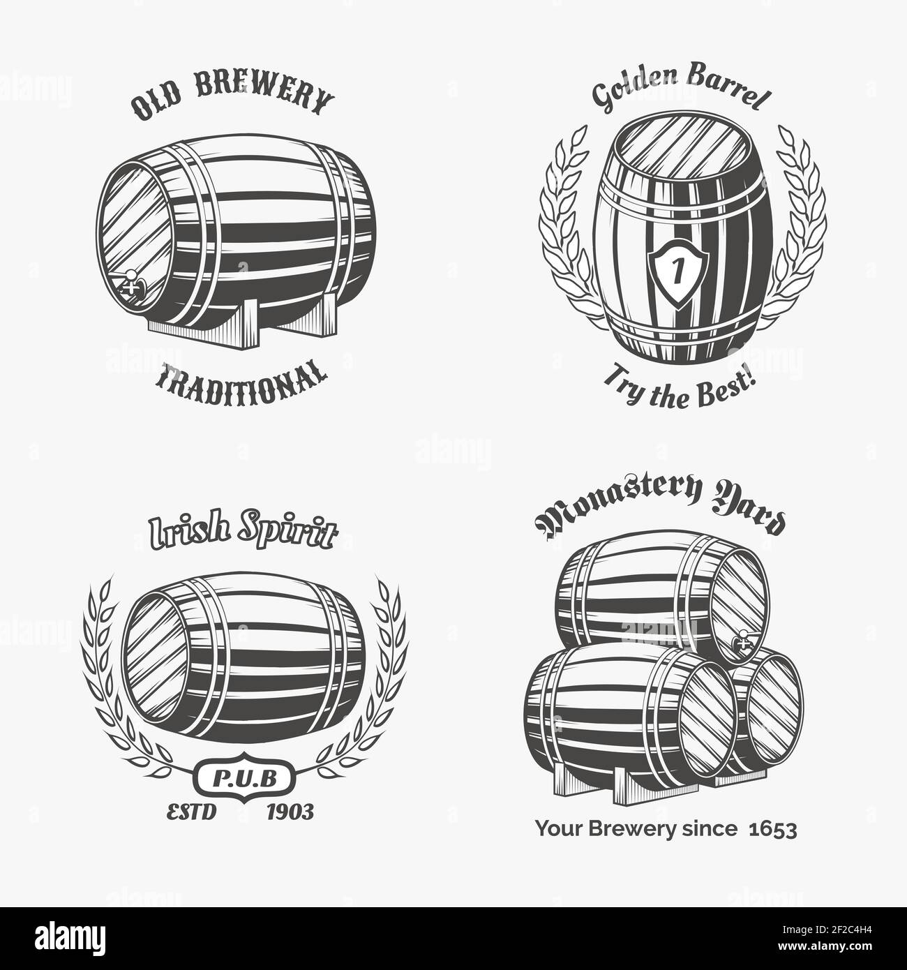 Ensemble de badges vintage pour la bière maison. Fût et boisson, fût en bois, contenant de vin, illustration vectorielle Illustration de Vecteur