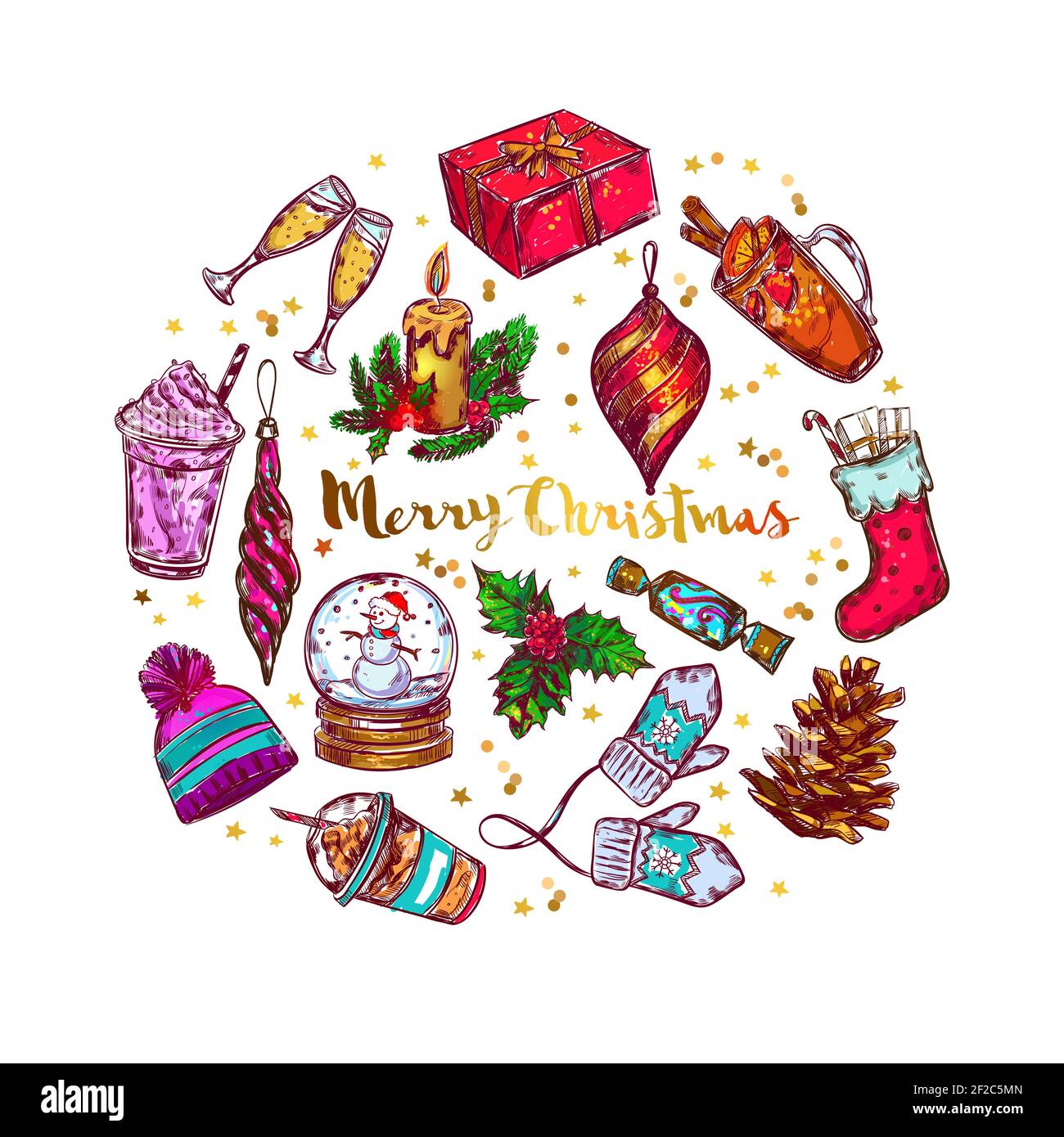 Composition de cercles de lettres de Noël avec ensemble d'icônes isolées en grand cercle avec illustration vectorielle de description Illustration de Vecteur