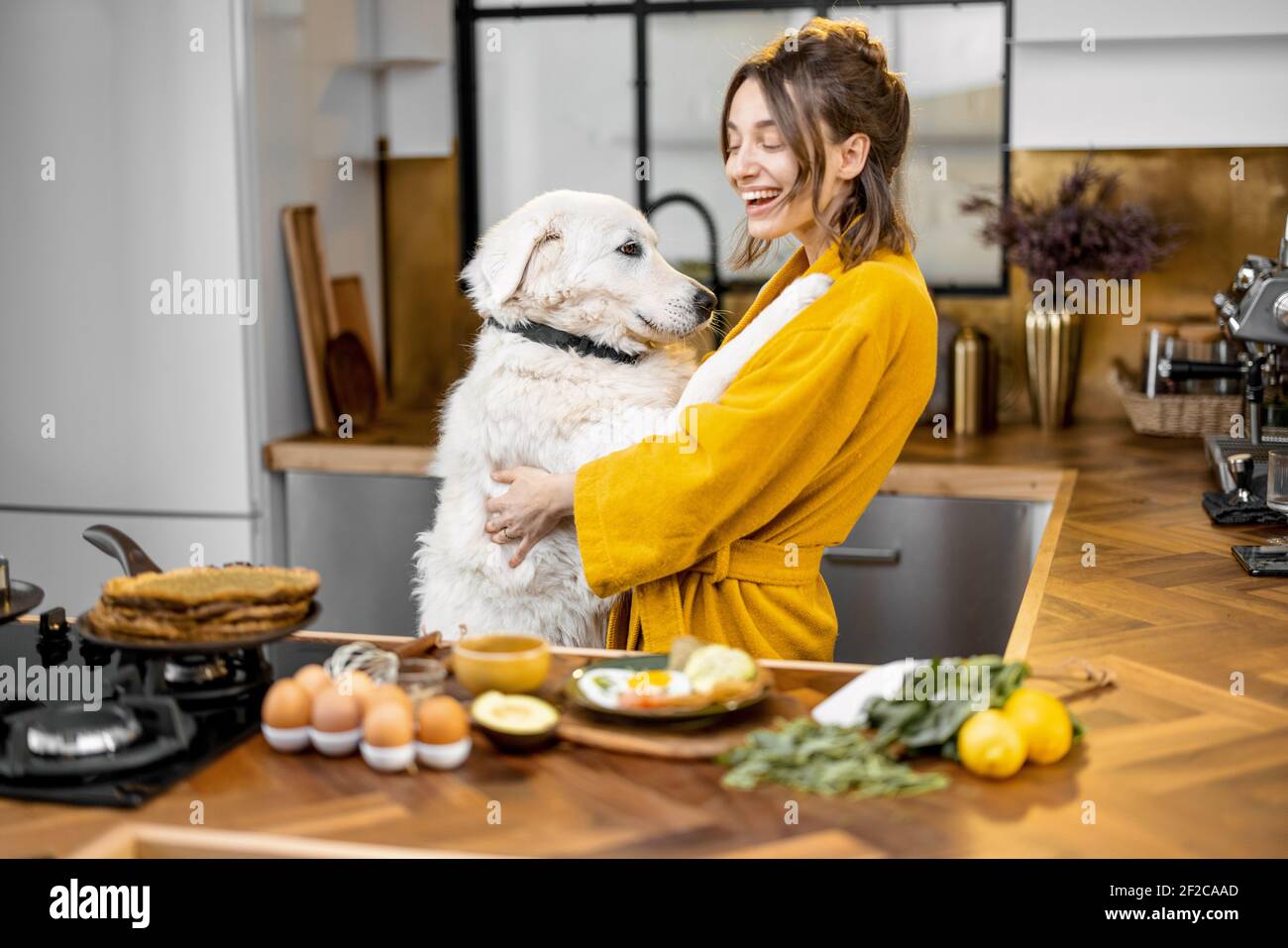 Une jeune femme joue avec son énorme chien blanc tout en ayant un petit-déjeuner pendant une heure du matin sur la cuisine à accueil Banque D'Images