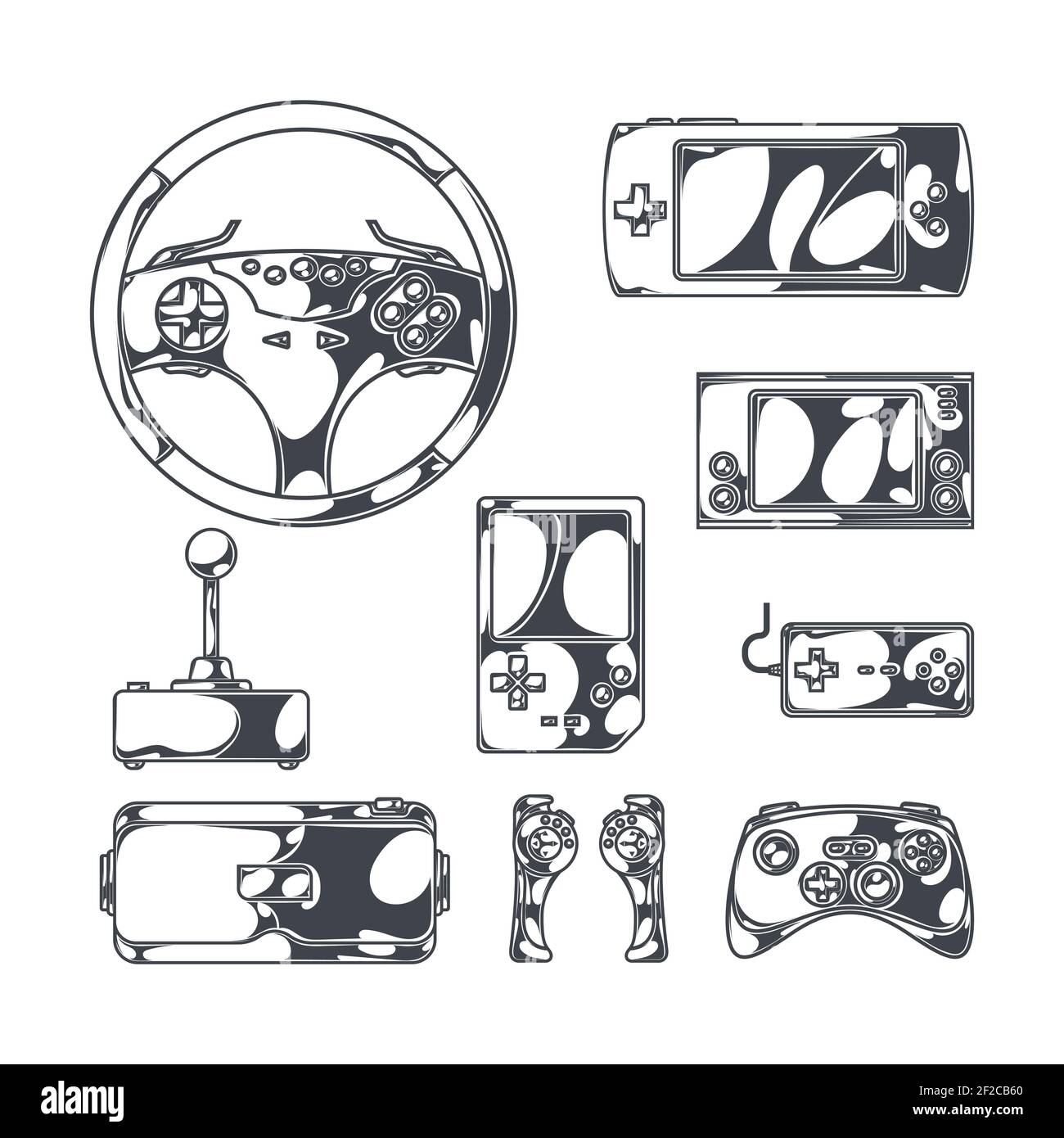 jeux vidéo avec des joysticks vintage aux images monochromes de style esquisse consoles de jeux portables Illustration de Vecteur