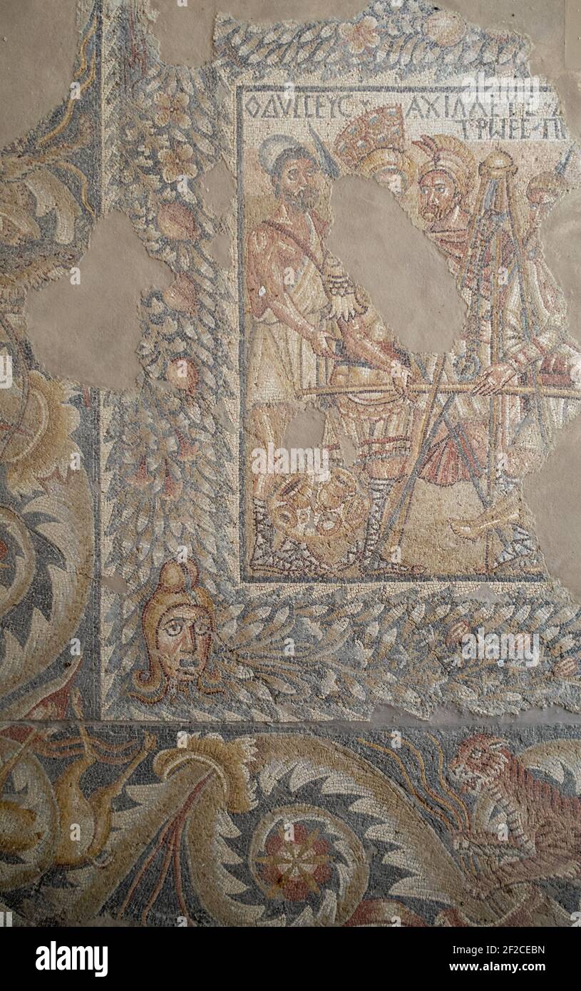Détail de la mosaïque la rançon du corps de Hector, Villa romana del Tellaro Banque D'Images