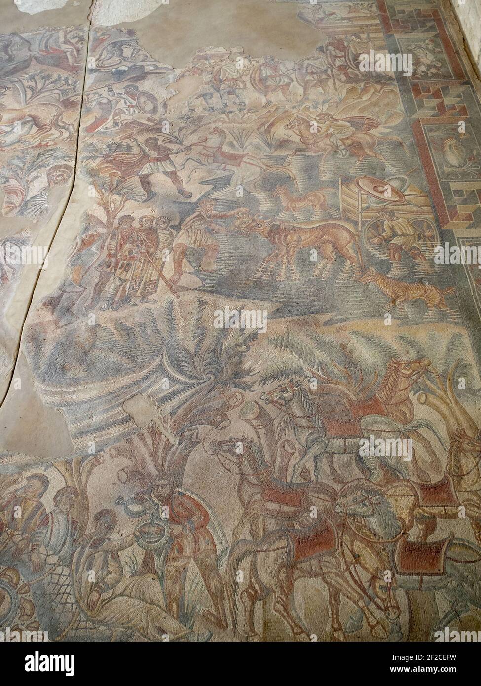 Scène de chasse mosaïque, villa Romana del Tellaro Banque D'Images