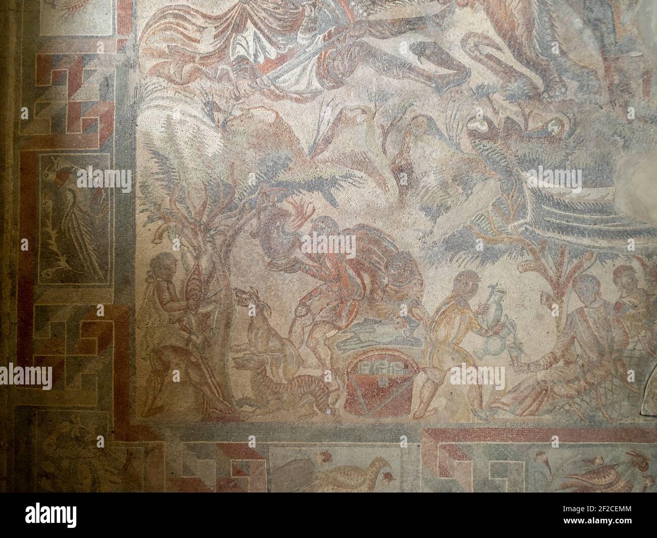 Scène de chasse mosaïque, villa Romana del Tellaro Banque D'Images
