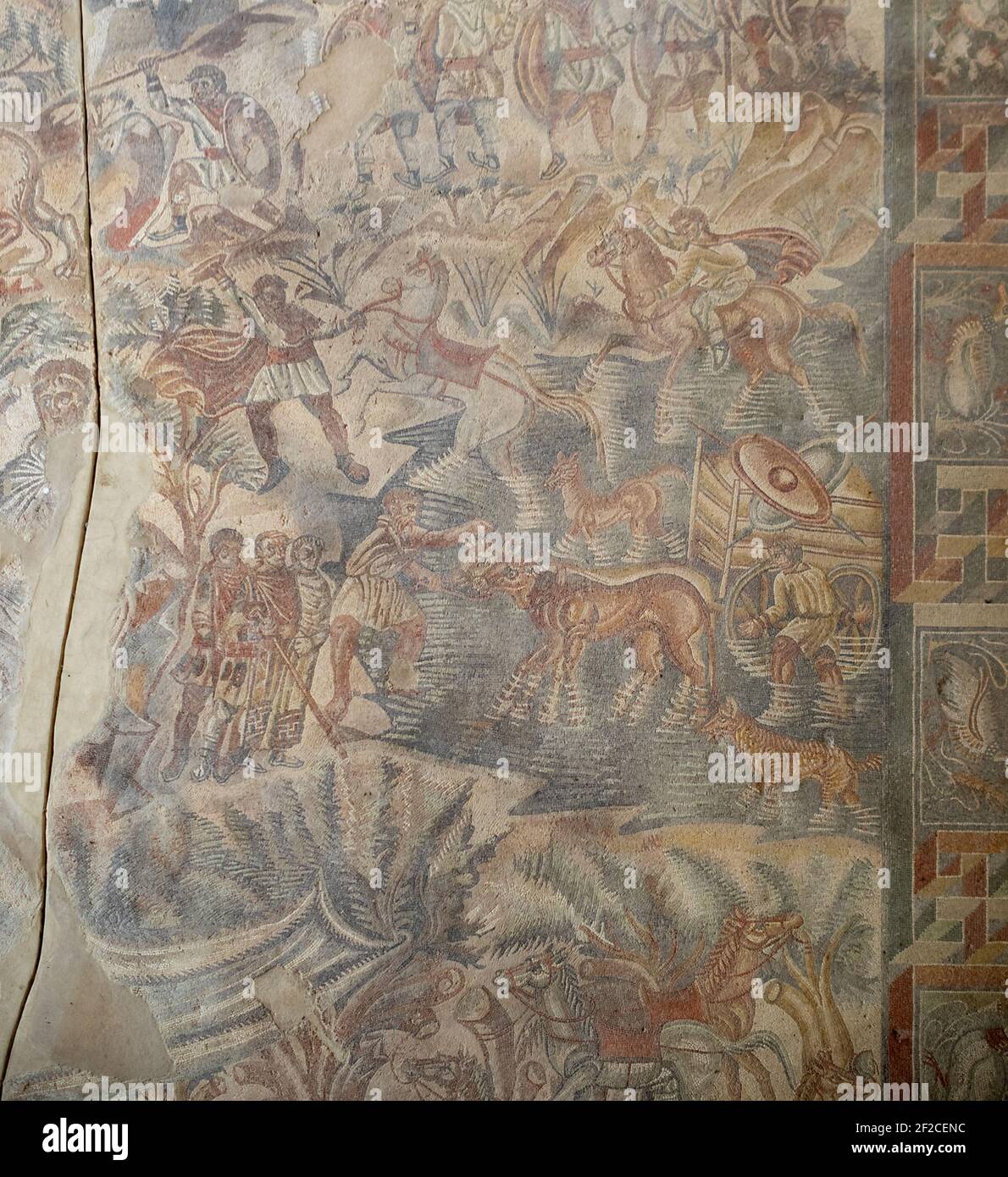 Scène de chasse mosaïque, villa Romana del Tellaro Banque D'Images