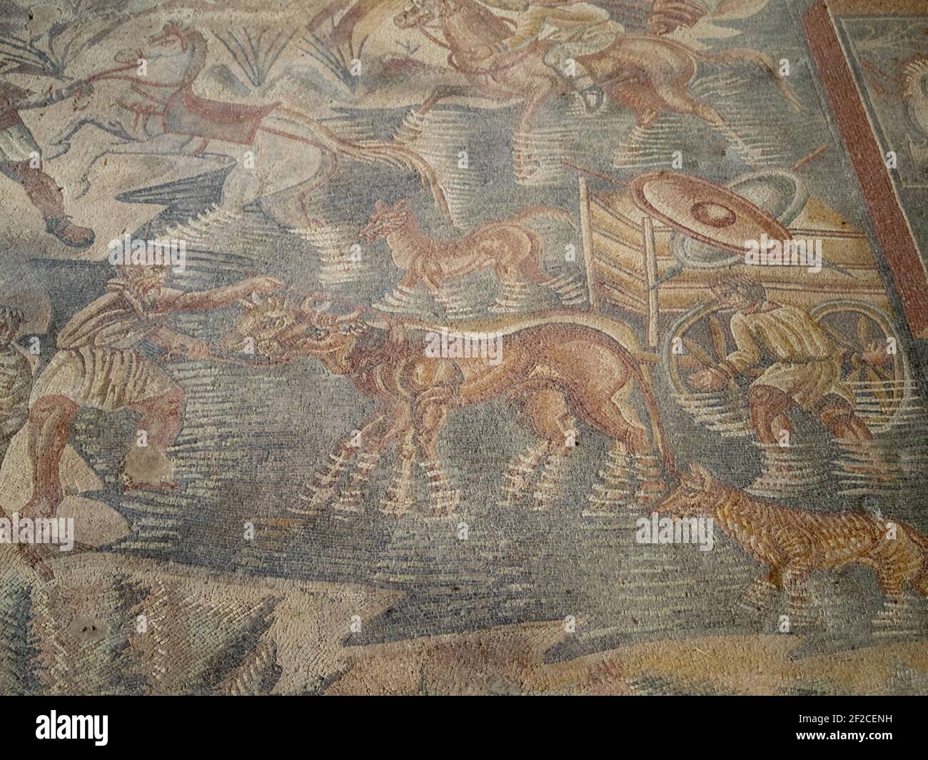 Chevaux dans l'eau de la mosaïque de chasse de la villa Romana del Tellaro Banque D'Images