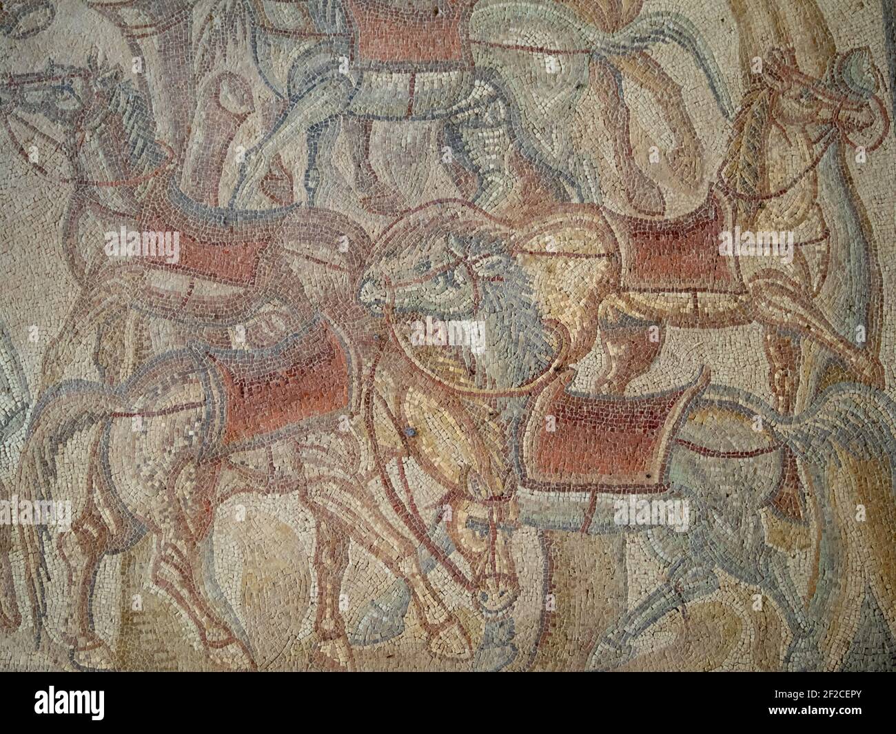 Mosaïque avec chevaux, Villa Romana del Tellaro Banque D'Images