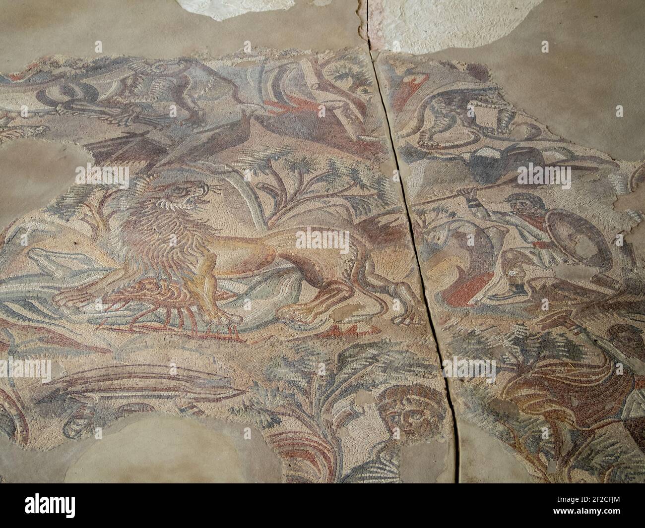 Lion de la mosaïque de chasse de la Villa Romana del Tellaro Banque D'Images