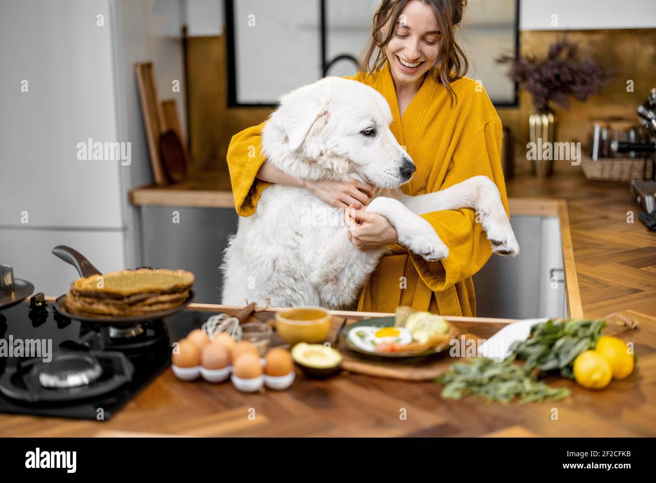 Une jeune femme joue avec son énorme chien blanc tout en ayant un petit-déjeuner pendant une heure du matin sur la cuisine à accueil Banque D'Images