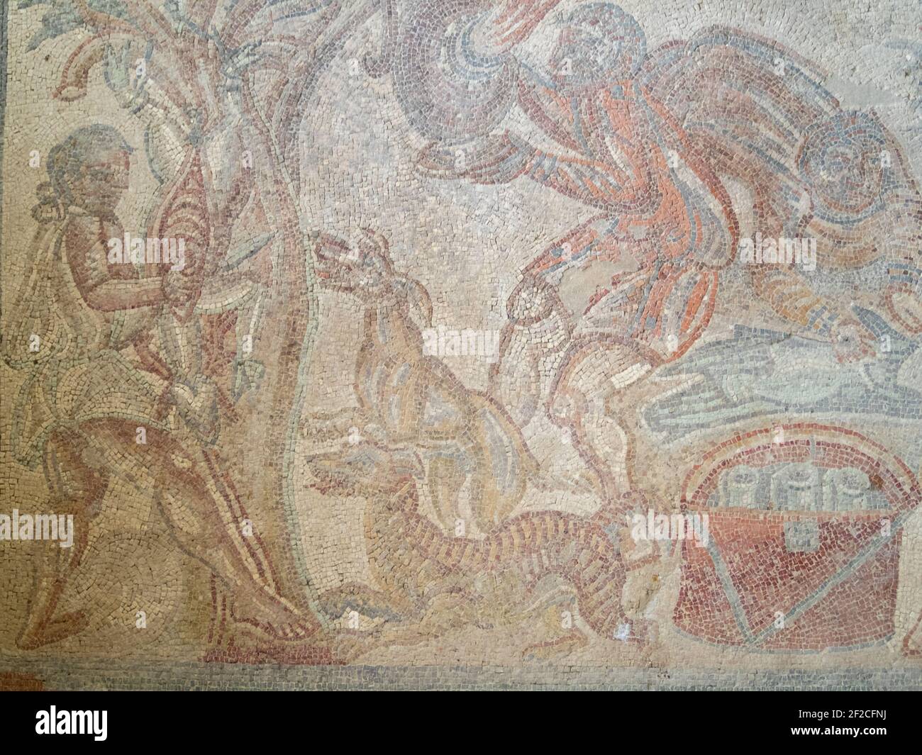 Chiens et serviteurs, mosaïque de la Villa Romana del Tellaro Banque D'Images