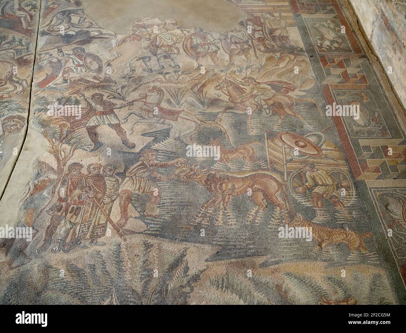 Scène de chasse mosaïque, villa Romana del Tellaro Banque D'Images