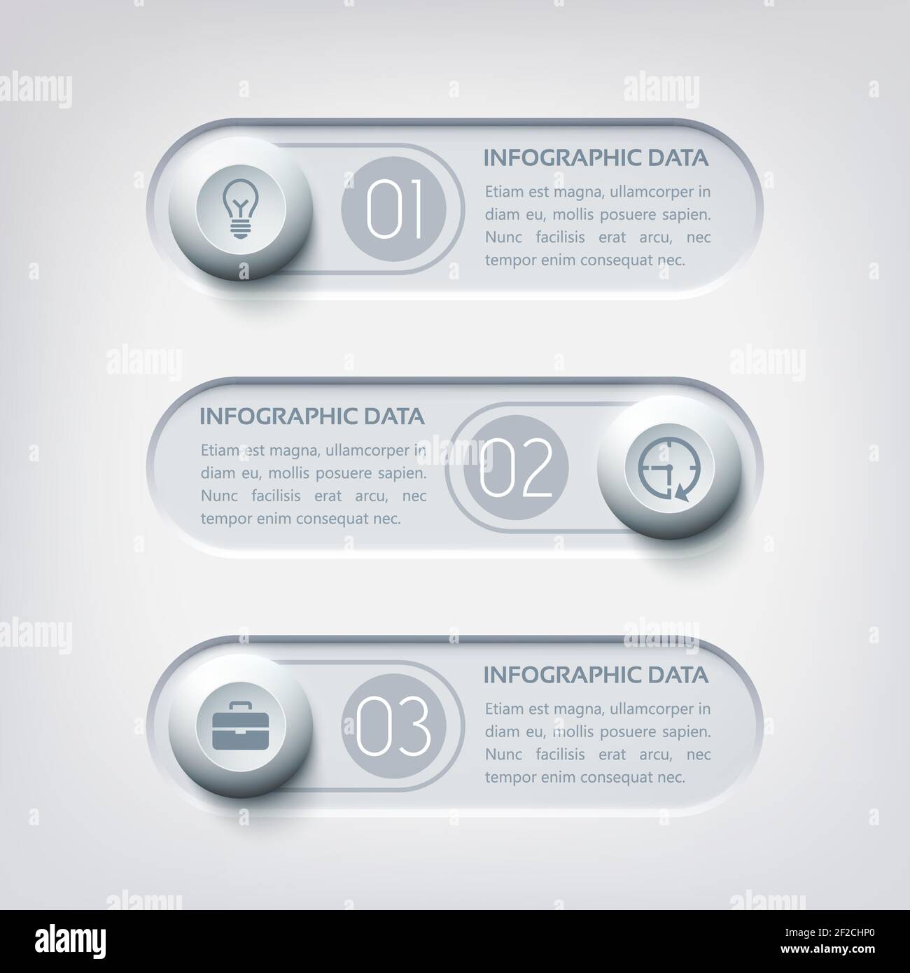 Infographies Web d'entreprise avec trois bannières horizontales, boutons ronds et icônes en gris illustration vectorielle Illustration de Vecteur