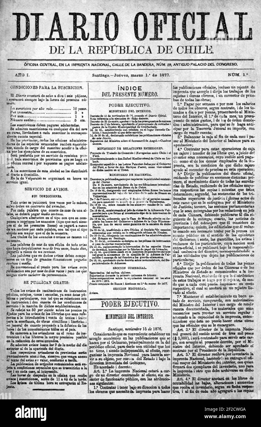 Portada Diario Oficial Chili-1877. Banque D'Images