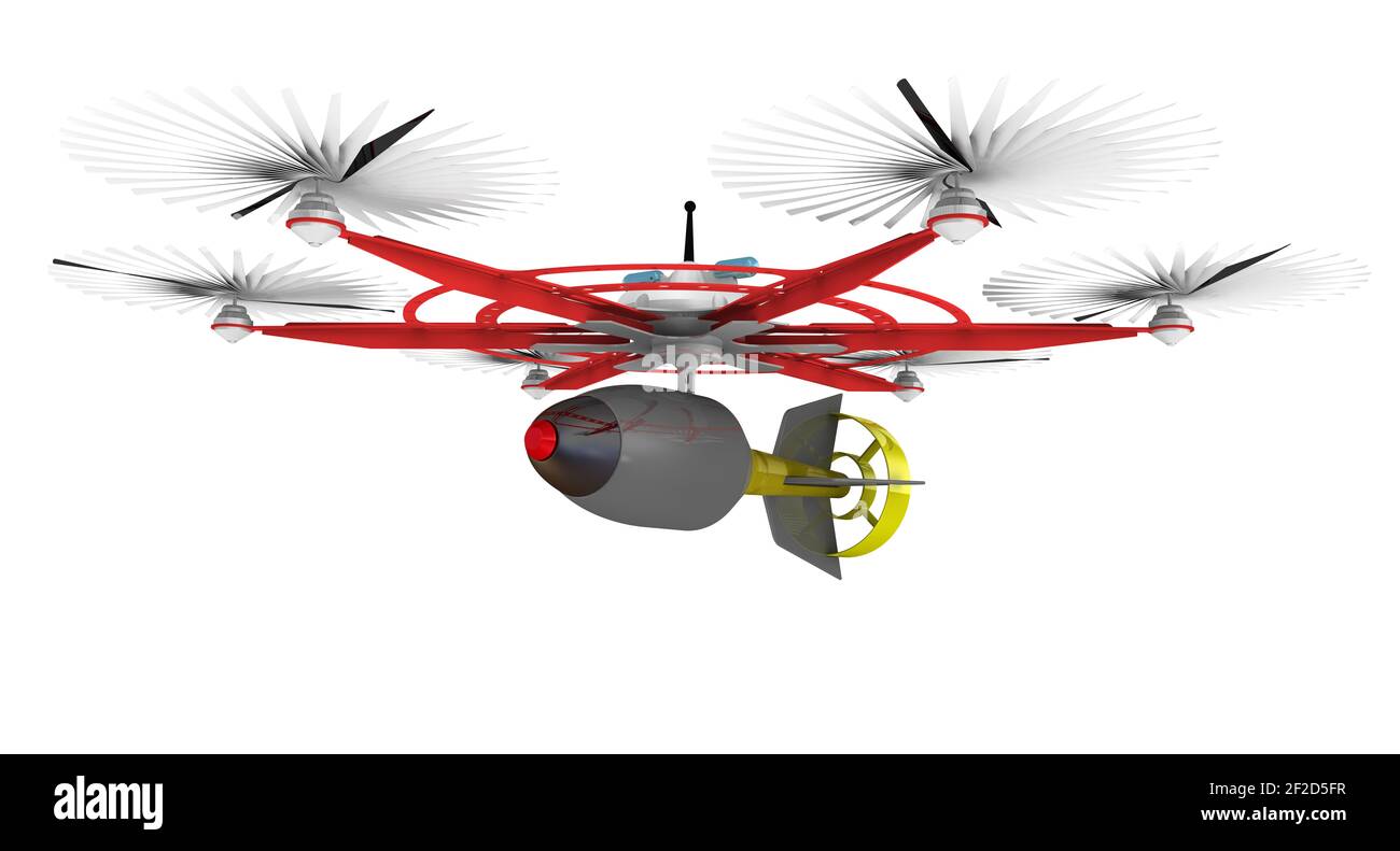 Véhicule aérien de combat sans pilote. Véhicule aérien de combat sans pilote (UCAV) avec six hélices et une bombe à air. Illustration 3D Banque D'Images