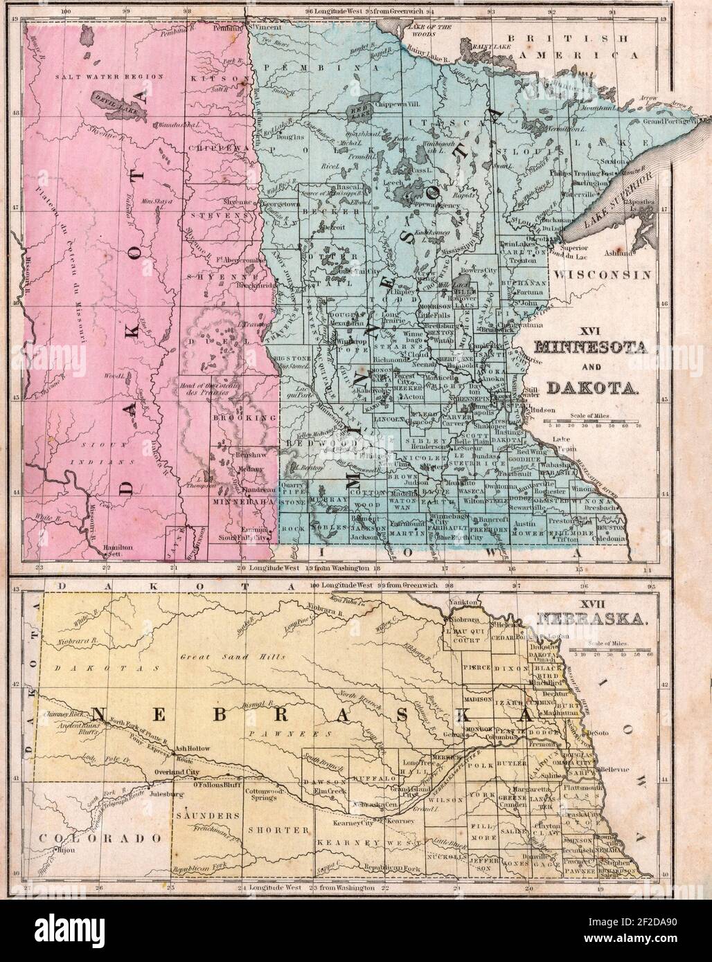 Carte du Minnesota et du Dakota ; Nebraska par Samuel Augustus Mitchell 1866 Banque D'Images