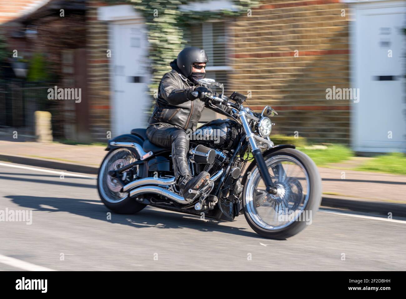 Harley Davidson Screamin Eagle, pilote de moto, à travers le village de Stambridge, Essex, Royaume-Uni. En vous inclinant dans le coin. Virage Banque D'Images