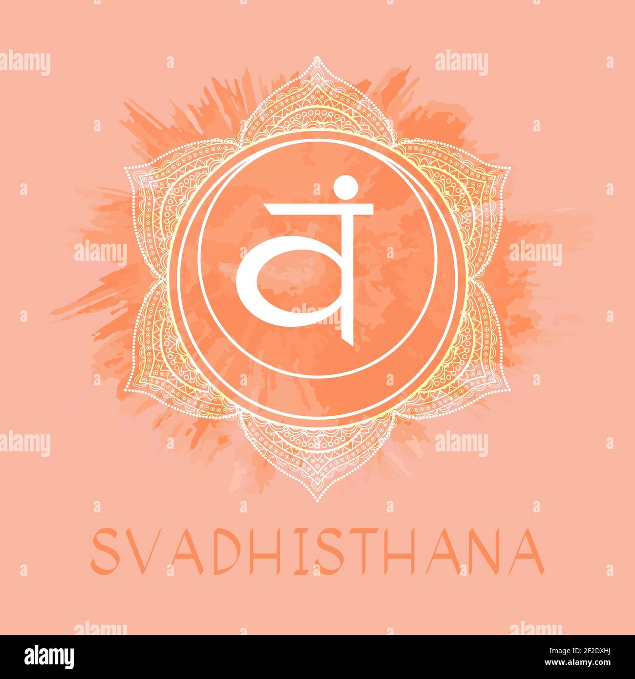 Illustration vectorielle avec le symbole Svadhishana - chakra sacré sur fond aquarelle. Entourez le motif de mandala et le lettrage dessiné à la main. Couleur. Illustration de Vecteur