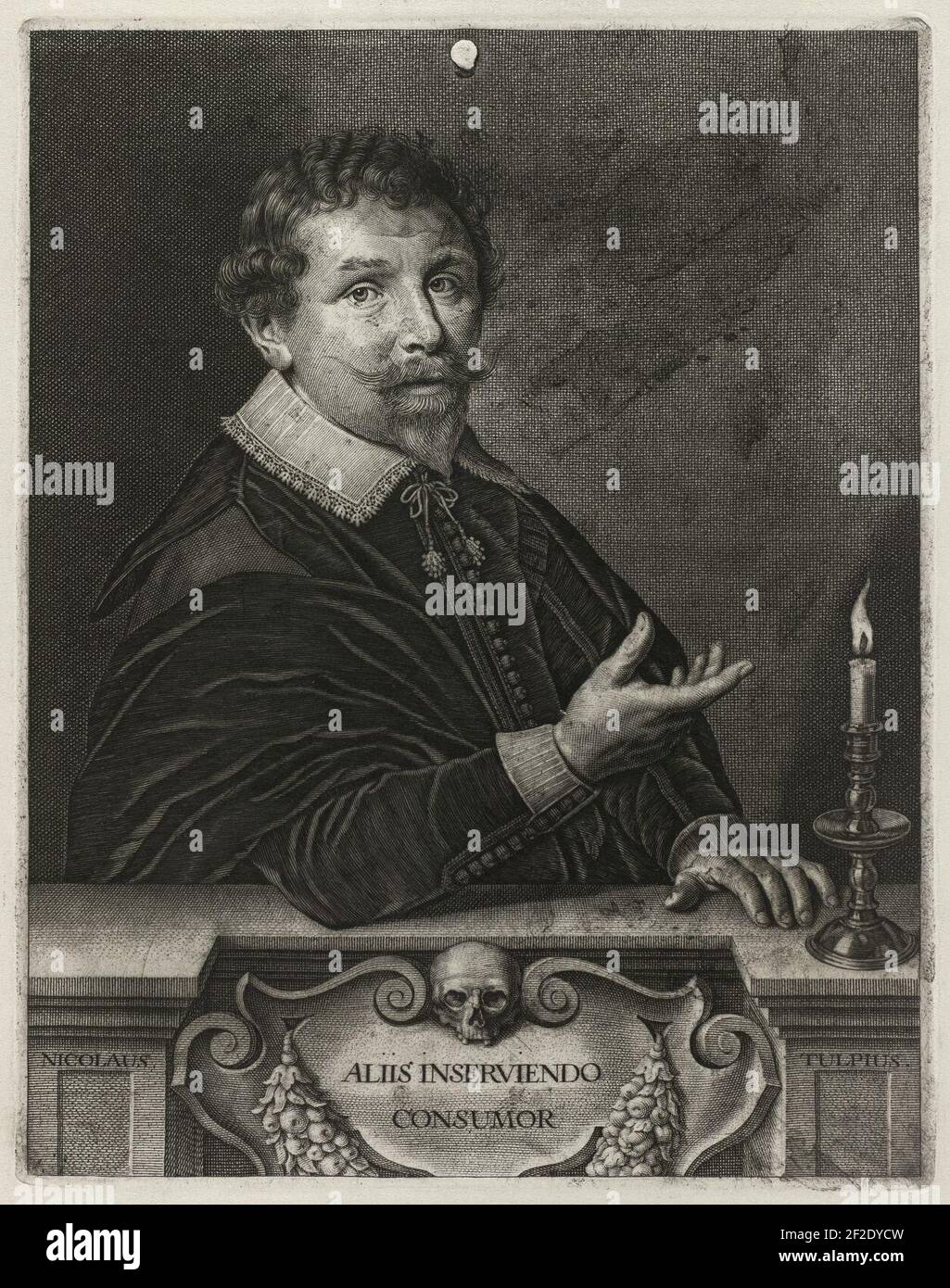 Portret van Nicolaes Tulp, dix balustrades de lijve. Hij wijst met zijn vinger naar een kaars die opbrandt, een gebaar dat nog eens onderstreept wordt door het motto op een cartouc, Banque D'Images