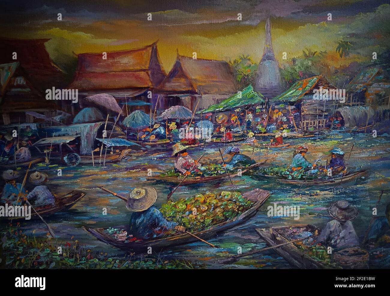 Peinture d'art couleur de l'huile marché flottant Thaïlande , vie rurale , Thaïlande rurale Banque D'Images