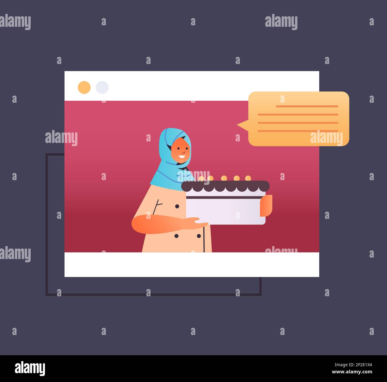 femme arabe blogger alimentaire préparant gâteau arabe chef dans le web fenêtre de navigateur indiquant comment cuisiner un plat en ligne école de cuisine concept portrait illustration vectorielle Illustration de Vecteur