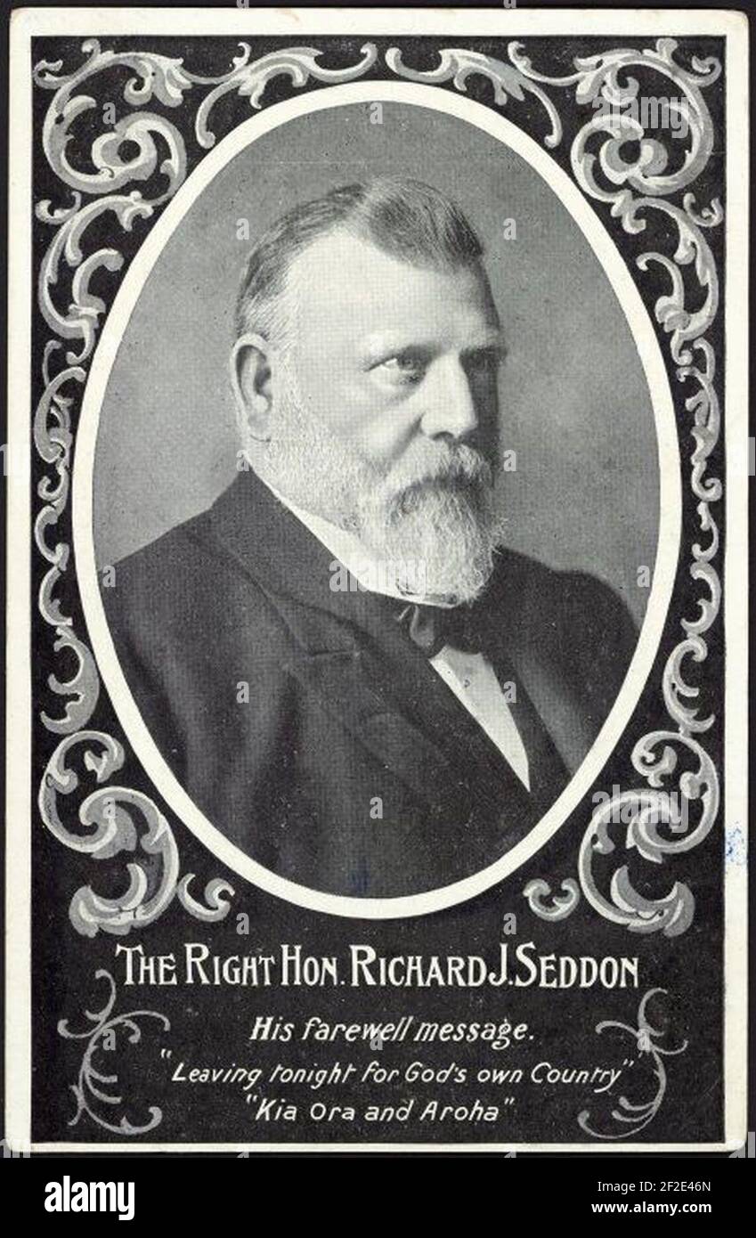 Carte postale. Le très honorable Richard Seddon; son message d'adieu - ''quitter ce soir pour le propre pays de Dieu''. ''Kia ora et Aroha'. CA 1906. Banque D'Images