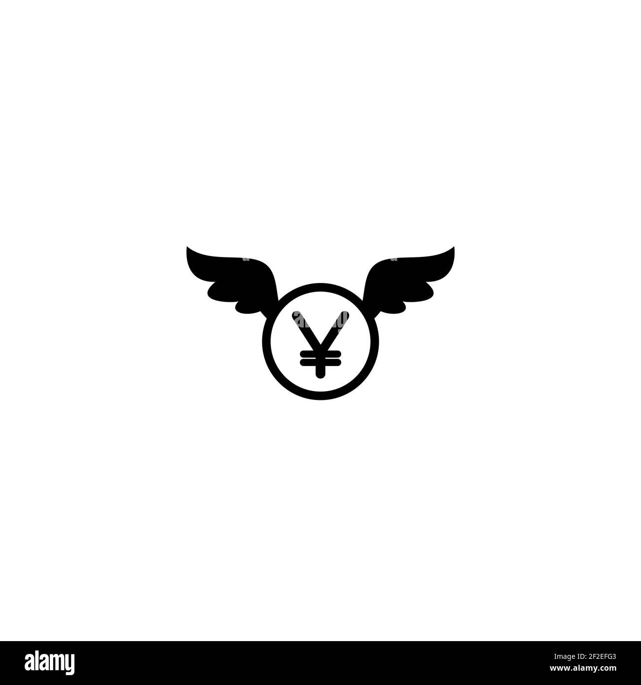 pièce de monnaie yen avec ailes. Icône plate noire isolée sur fond blanc. Voler de l'argent. Pictogramme économie, finance, argent. Symbole de richesse. Illustration vectorielle Illustration de Vecteur