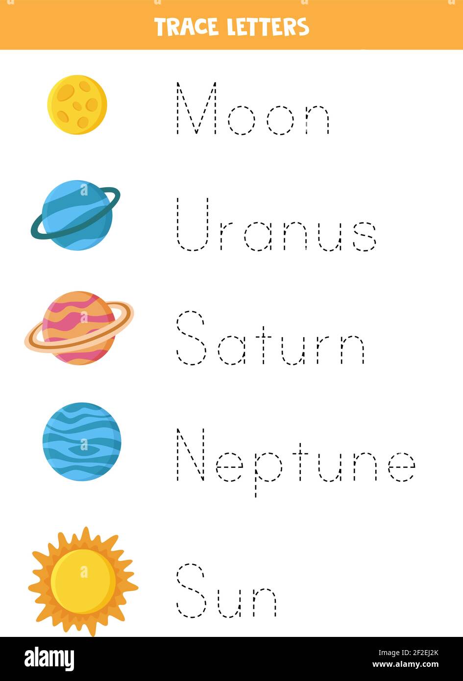 Retracez les noms des planètes du système solaire et de la pratique  d'écriture du Soleil pour les enfants d'âge préscolaire Image Vectorielle  Stock - Alamy