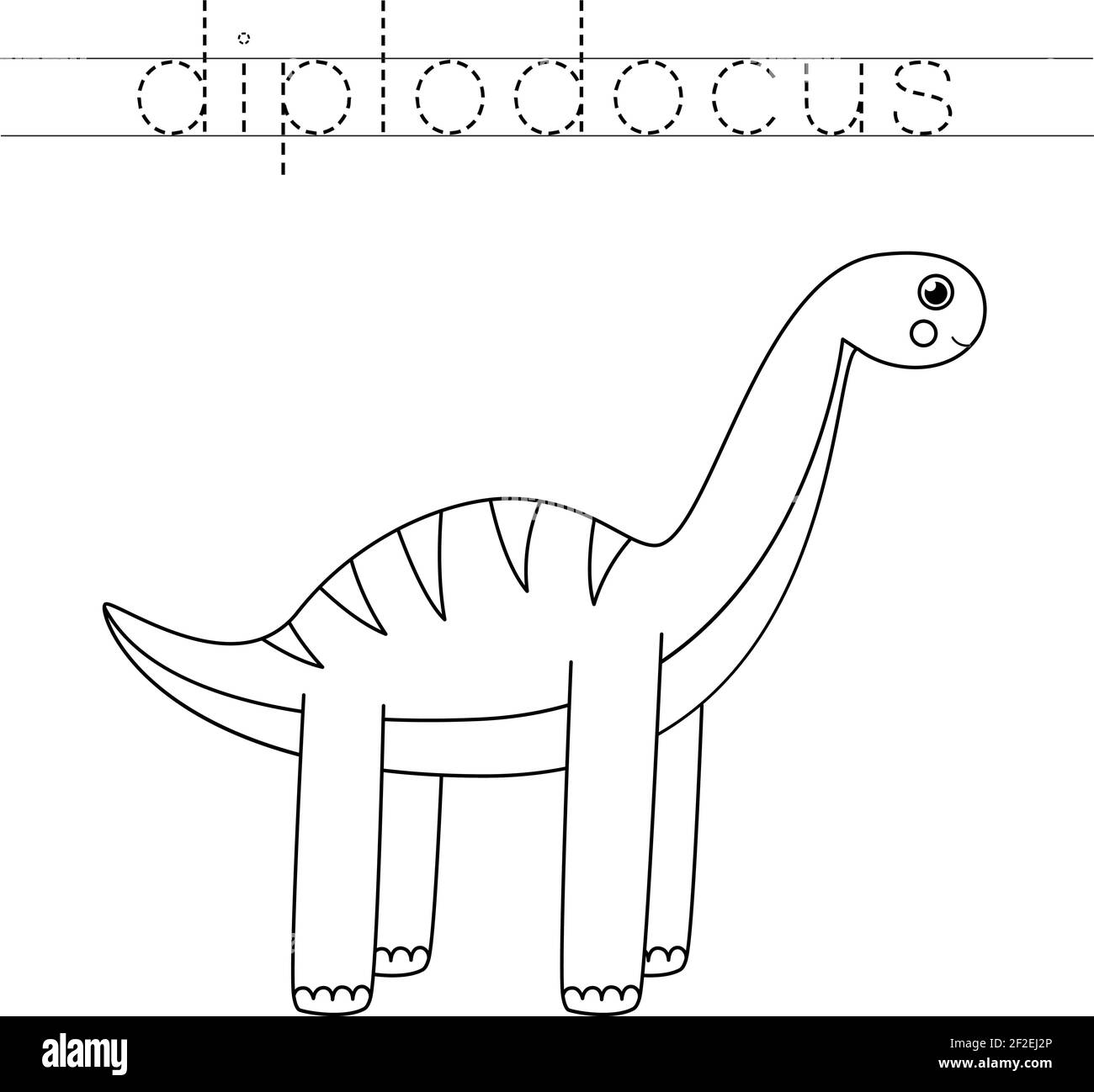 Retracez les noms des dinosaures. Couleur mignon diplodocus. Pratique de l'écriture pour les enfants d'âge préscolaire. Illustration de Vecteur