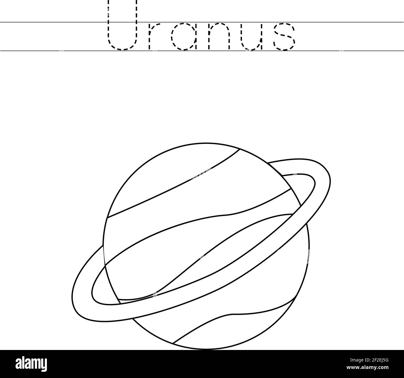 Tracez le mot. Couleur planète Uranus. Pratique de l'écriture pour les enfants d'âge préscolaire. Illustration de Vecteur