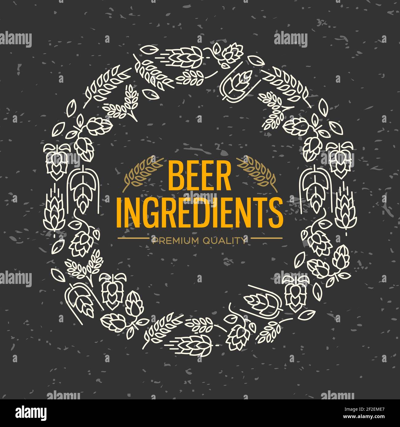 Cadre figuré au design élégant avec des icônes blanches de fleurs, une branche de houblon, de fleur, de malt autour du texte des ingrédients de la bière au centre sur le dos noir Illustration de Vecteur