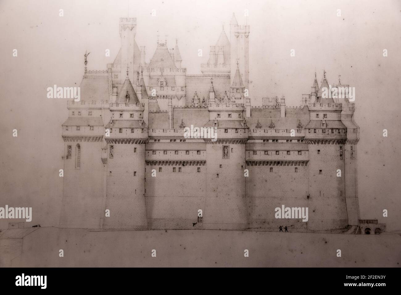 Un premier dessin du Château Pierrefonds dans le département de l'Oise, en France Banque D'Images