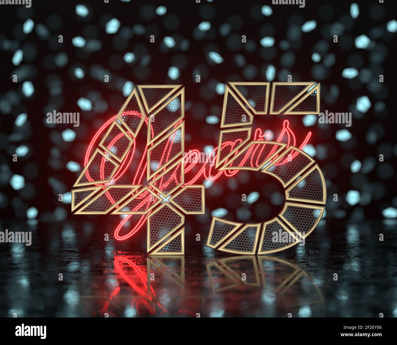 Numéro d'or quarante-cinq (numéro 45) découpé en segments d'or perforés avec des années d'inscription avec un fond de formes flous brillantes. Illustration 3D Banque D'Images