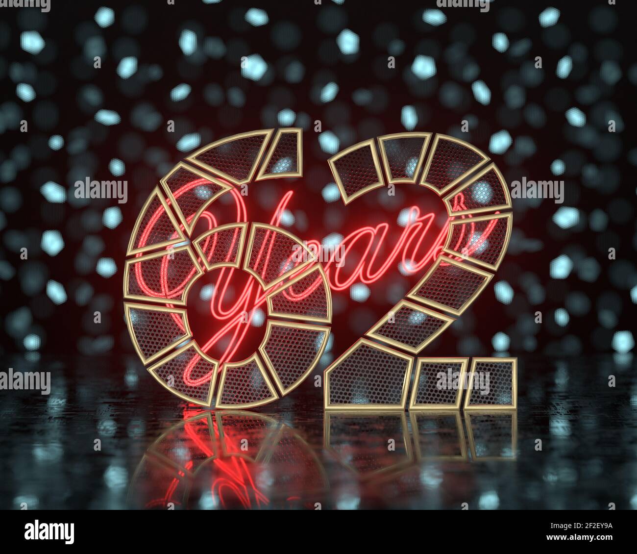 Numéro d'or soixante-deux (numéro 62) découpé en segments d'or perforés avec des années d'inscription avec un fond de formes flous brillantes. Illustrateur 3D Banque D'Images