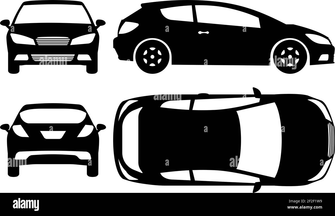 Silhouette de voiture à hayon sur fond blanc. Les icônes de véhicule définissent la vue latérale, avant, arrière et supérieure Illustration de Vecteur