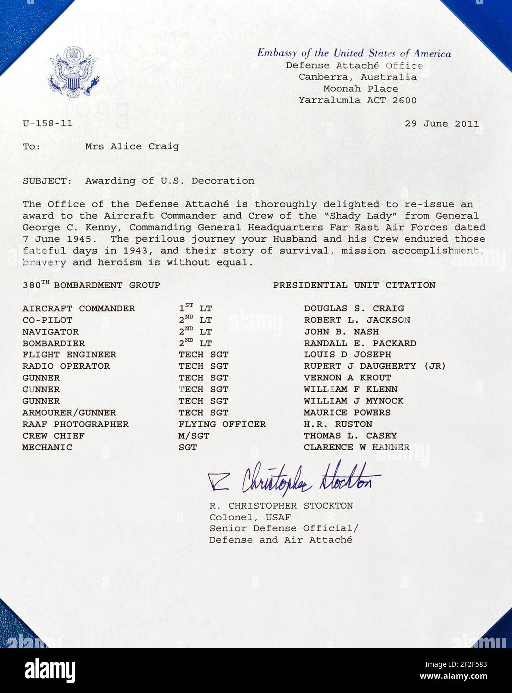 Citation présidentielle émise pour l'équipage Shady Lady le 29 juin 2011. Banque D'Images