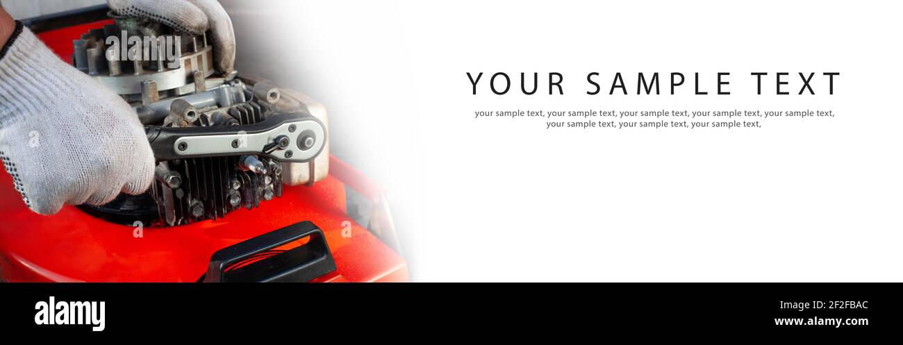 Réparation du moteur de la tondeuse à gazon - bannière, espace de copie pour le texte. Banque D'Images