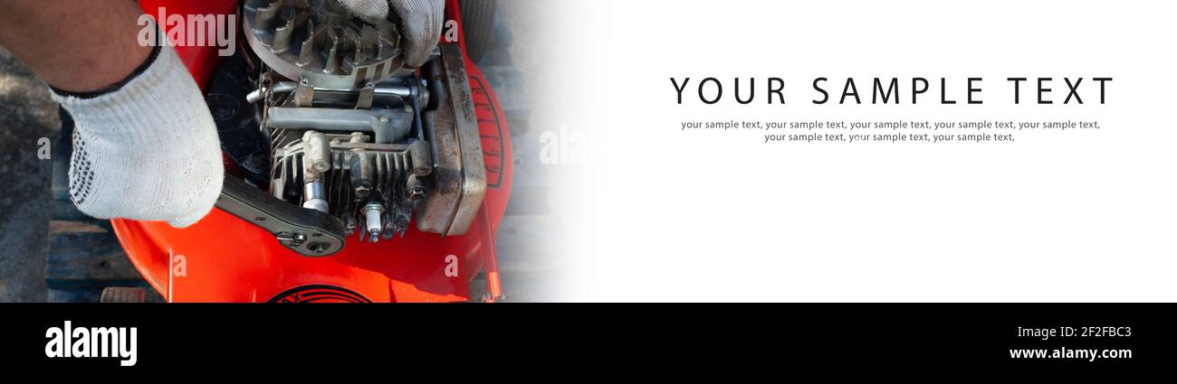 Mécanicien travaillant sur une pelouse mowe, bannière rapprochée. Banque D'Images