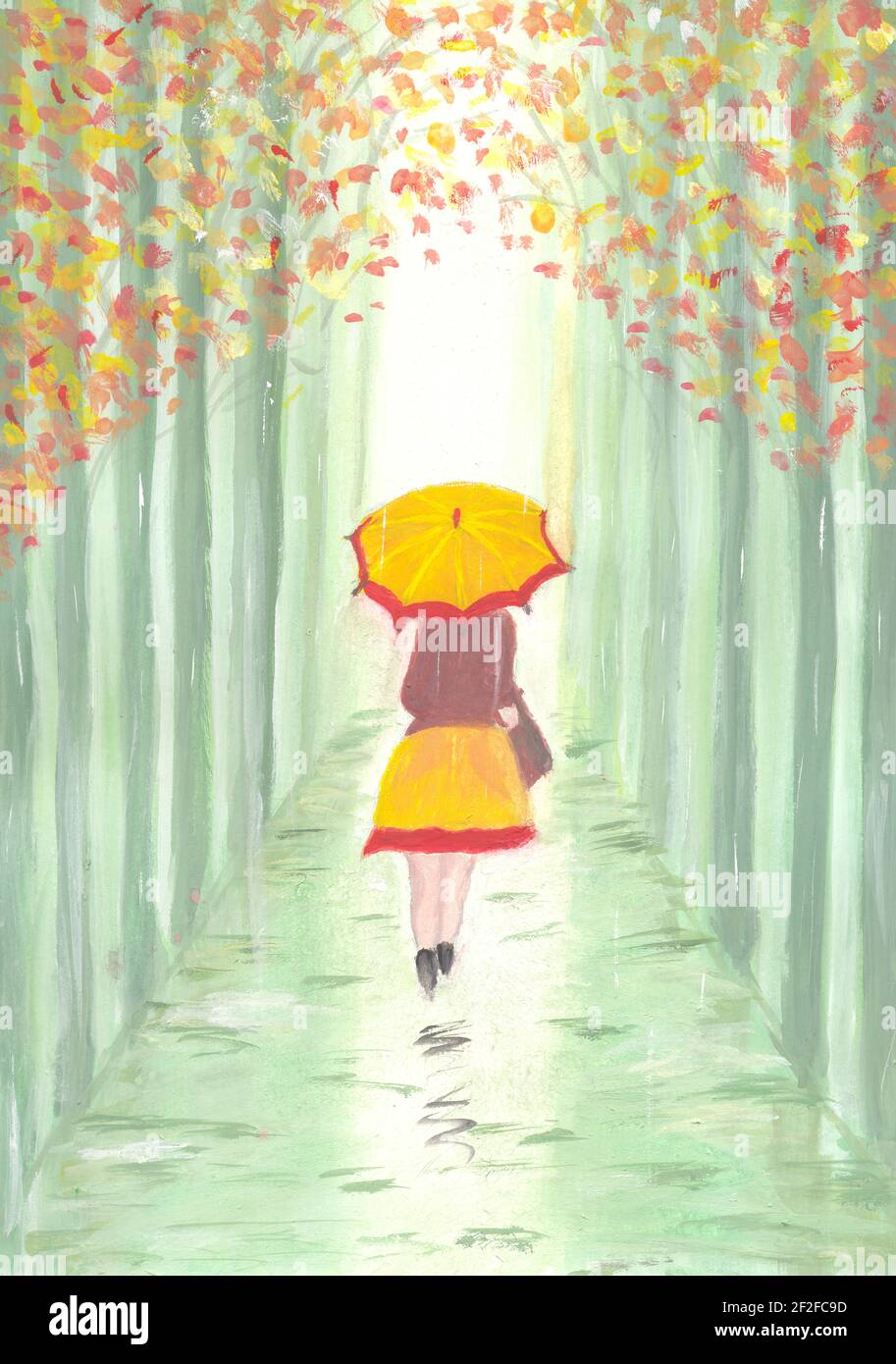 Peinture abstraite originale montrant une femme avec un parapluie marchant  dans la rue. Femme solitaire sous les lampes de parapluie sous la pluie.  Arbres d'automne avec du joli rouge Photo Stock -
