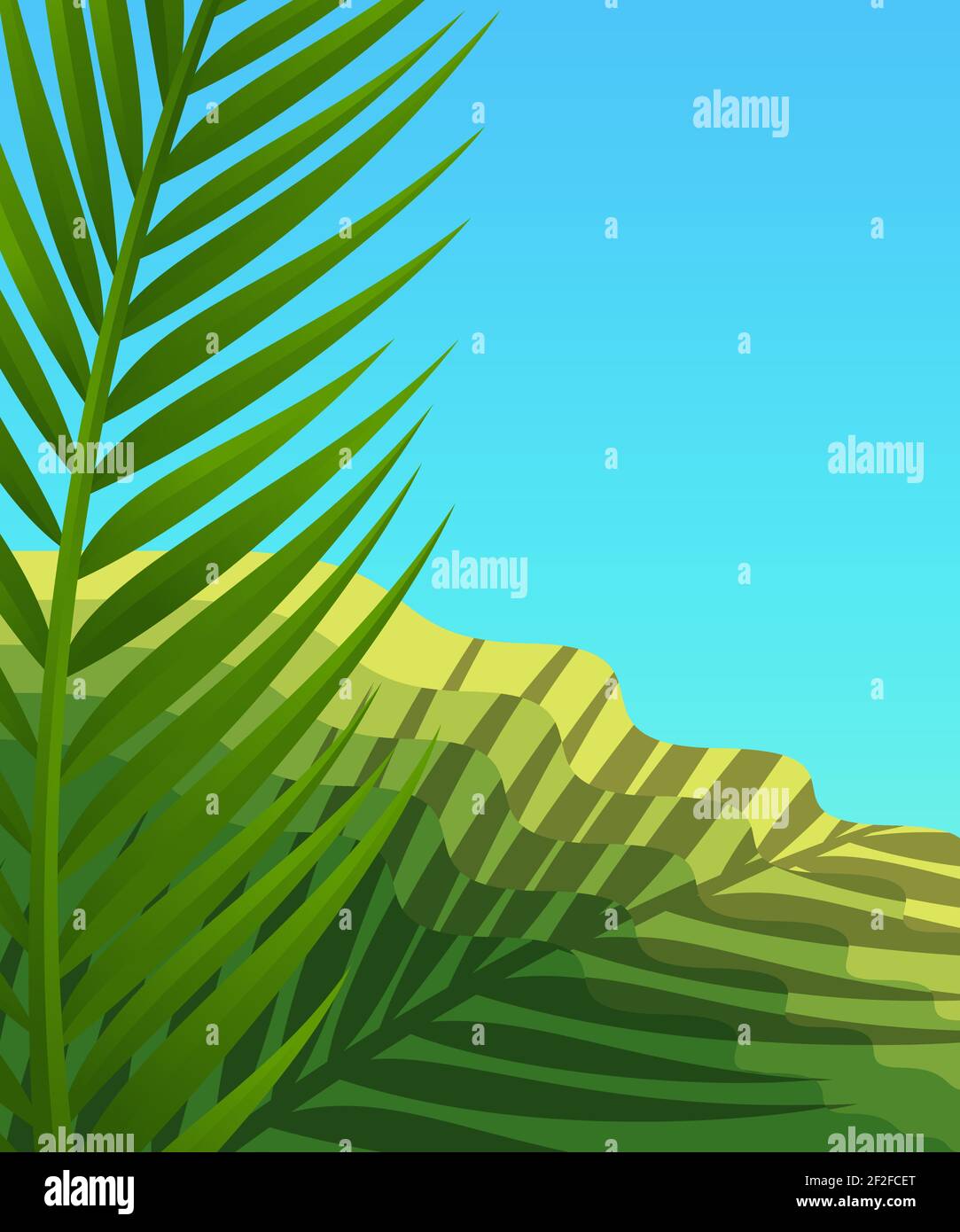 illustration art nouveau plat de palmier feuille moulage ombre sur des collines vertes sous un ciel bleu Banque D'Images