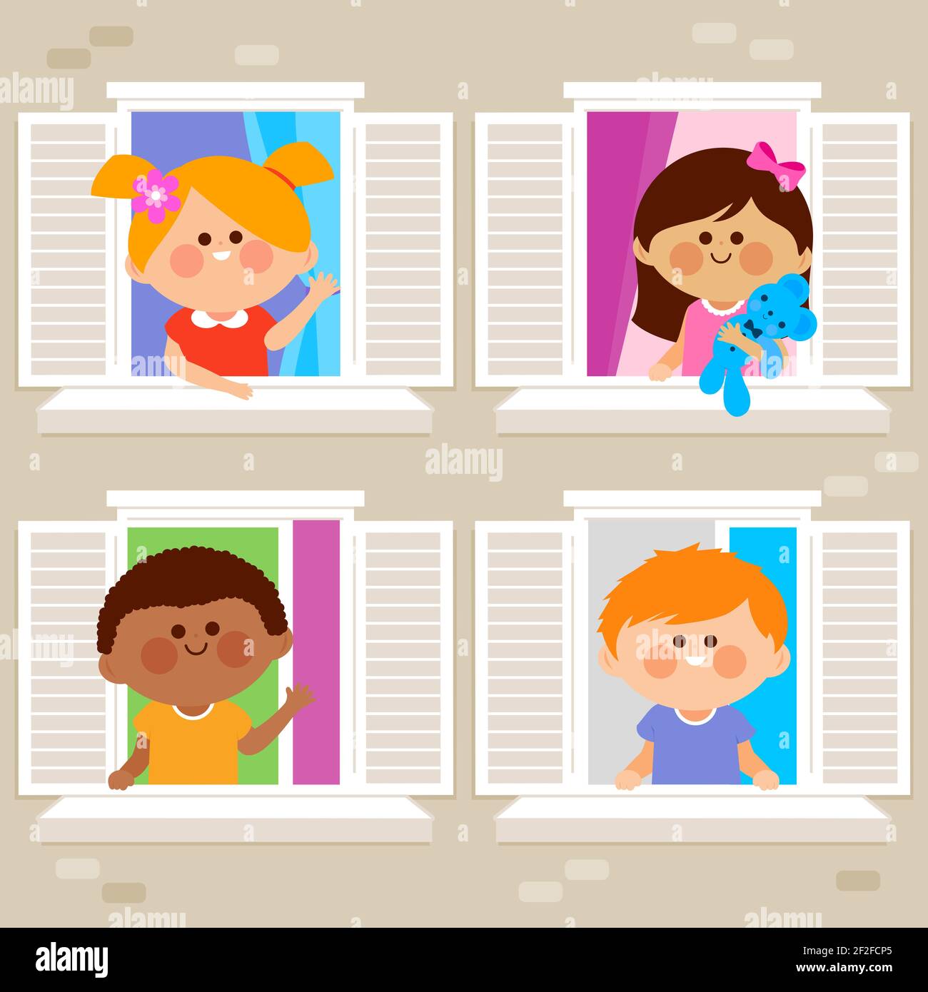 Enfants dans leur maison dans un immeuble donnant par les fenêtres. Banque D'Images