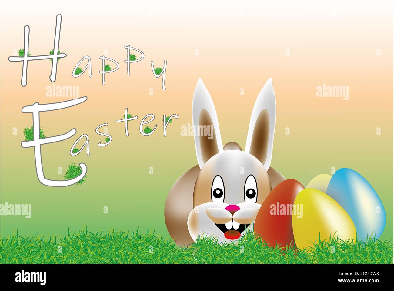 Carte postale colorée avec lapin et œufs. Carte de vœux joyeuses Pâques. La pelouse de lapin gai et des œufs colorés. Couleurs de printemps. Banque D'Images
