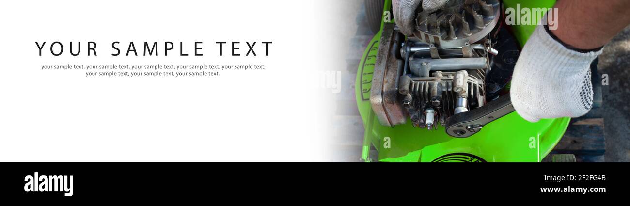 Mécanicien travaillant sur une pelouse mowe, bannière rapprochée. Banque D'Images