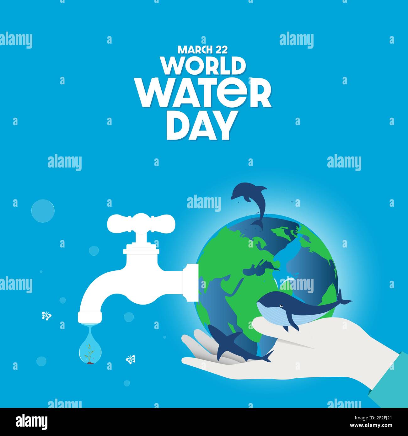 Bannière Water World Days avec robinet à main ou eau tapotez avec de l'eau sur terre Illustration de Vecteur