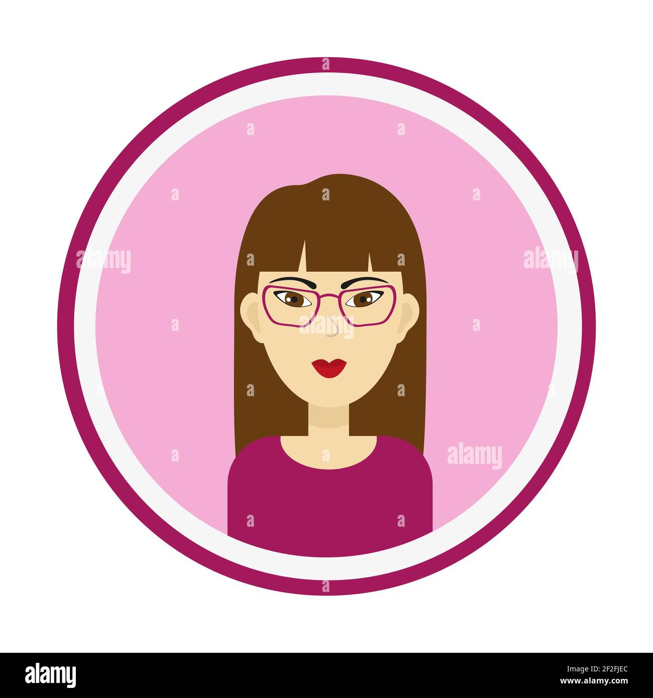 Avatar féminin. Portrait de femme mignon sur fond rose. Visage de fille avec cheveux longs bruns, yeux bruns et lunettes. Illustration vectorielle isolée. Illustration de Vecteur
