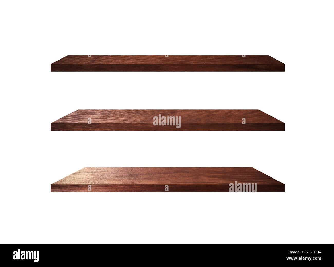 3 étagères en bois rétro isolées sur fond blanc avec copie espace et masque de travail Banque D'Images
